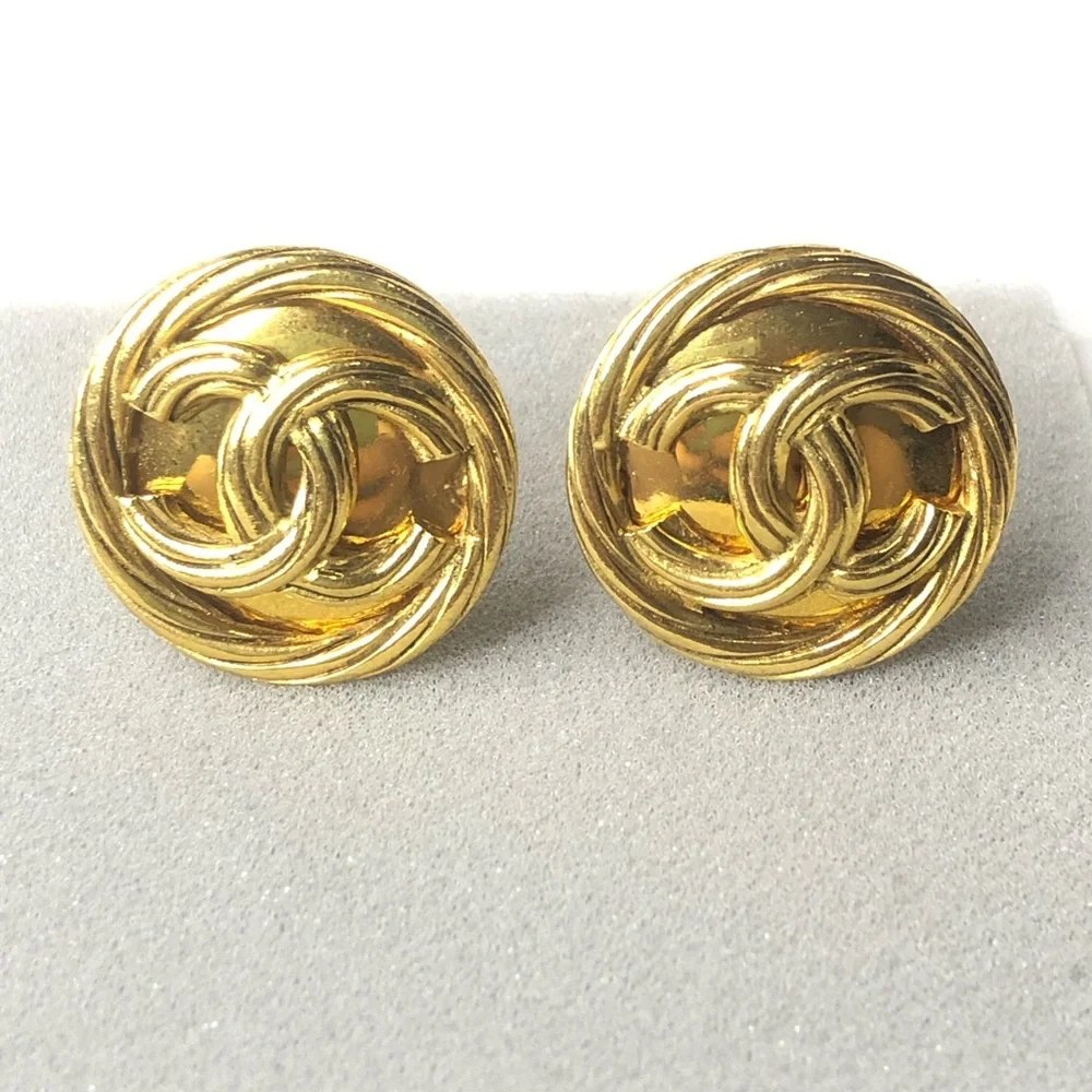 CHANEL Gold Interlinked CC Rope Bezel Detail Statement Earrings w/ Box